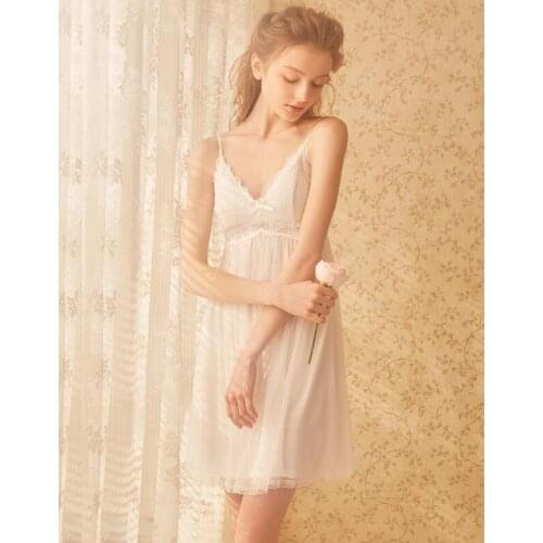 Free Shipping 2018 New Summer Womens Nightgown Modal and Cotton Nightshirt Short Pijamas Beauty White Pink Purple Lace Slip