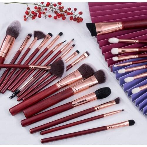 BEILI No Logo 25pcs Burgundy Red Make up Brush Set Contour Powder Foundation Blending Eyebrow Goat Pony Hair Makeup Brushes Tool