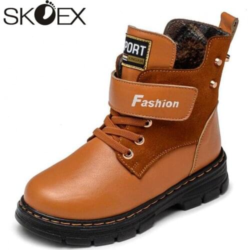 SKOEX Kids Boots Winter Mid-Calf Waterproof Boots for Boys Girls Fashion Outdoor Shoes Leather Warm Martin Boot for Childrens