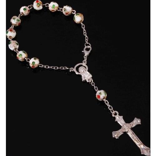 8mm Catholic cloisonne rosary cross bracelet, cloisonne rosary cross bracelet pray for rose bracelet. Catholic luxury bracelet