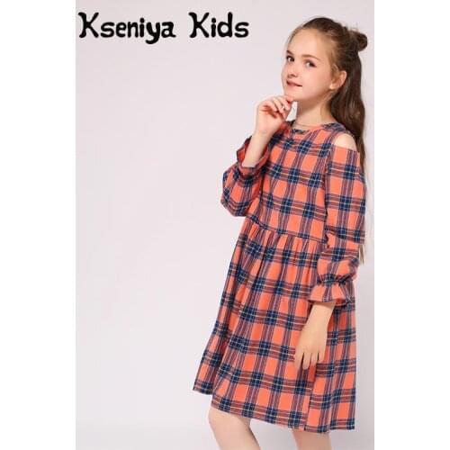 Kseniya Kids Hot Selling Off Shoulder Girls Long Sleeve Dress Plaid Cotton Wool Soft For Spring Autumn