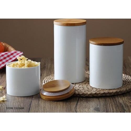 Home Porcelain Canisters Ceramic Jar Food Storage Self Sealing Container Airtight Bamboo Lid Three Size for Option