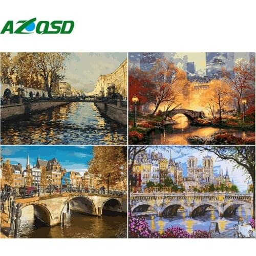 AZQSD Painting By Number River Bridge Drawing On Canvas Diy Frame Paint By Numbers For Adults Children Living Room Decoration