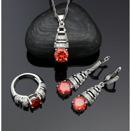 925 Silver Earrings Pendant Rings Necklace Romantic Bridal Jewelry Set Red Cubic Zirconia White Crystal For Women