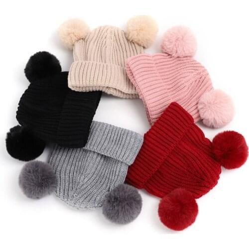 Creative Woolen Cap Childrens Double Wool Ball New Woolen Caps Autumn and Winter All-match Cute Ear Protection Knitted Hood