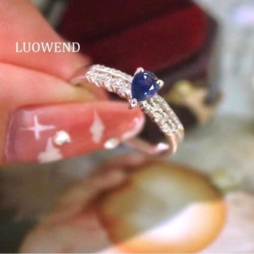 LUOWEND 100% Real 18K White Gold Engagement Ring Pear Cut Blue Sapphire Jewelry Natural Diamond Ring for Women Wedding Jewelry