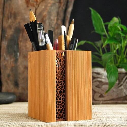 MaoTu Personalized Wood Bamboo Desk Pen Pencil Holder Desktop Organizer Custom Make Office Storage