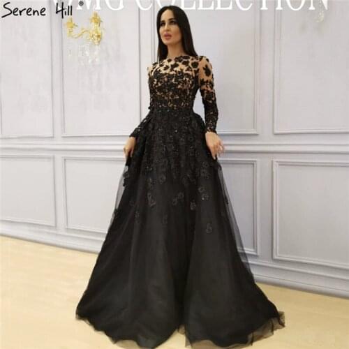 Muslim Black Long Sleeves Crystal Evening Dresses 2020 O-Neck Handmade Flowers Formal Dress Serene Hill LA70007