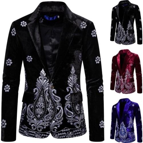 New Mens Luxury Blazer Costume Stage Jacket Suit Male Velvet One button Gold Thread Embroidered Dress Suits for Men