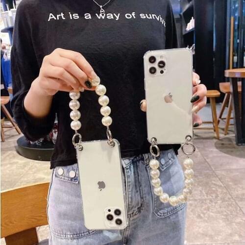 Clear Pearl Wrist Chain Bracelet Wriststrap Phone Case On For Samsung Galaxy A12 A32 4G 5G A42 A52 A72 A21S A02 A02S EU Cover