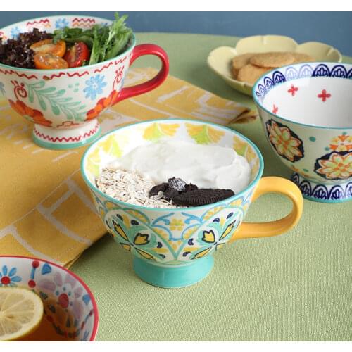 Hand Painted Garden Style Breakfast Cup High Foot Coffee Soup Cup French Hand Color Mug Creative Ceramic Cup