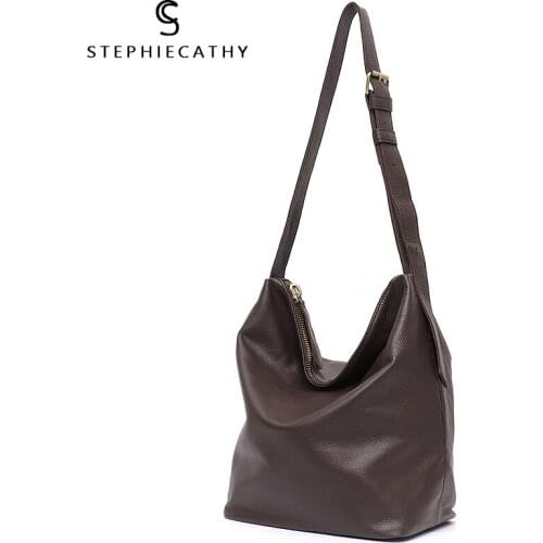 SC Vintage Genuine Leather Hobo For Women Solid Color Large Shoulder Bag Female Casual Real Leather Crossbody Handbag Travel Bag