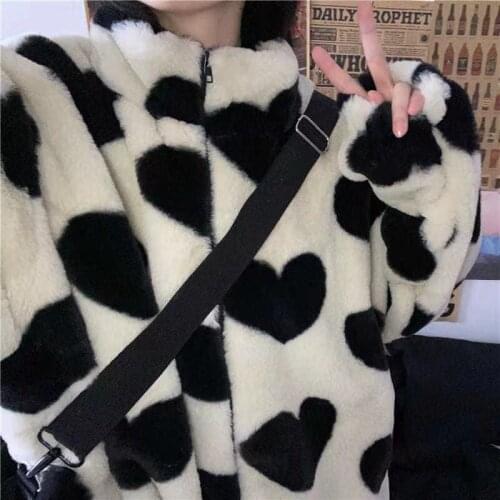 Fur Jackets for Women Hooded Fashion Lamb Fluffy Soft Kawaii Sweet Cute Heart Pattern Harajuku Korean Loose Warm Faux Fur Coat
