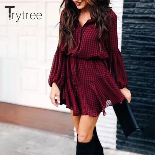 Trytree 2020 Spring Women Dress Casual Turn-down Collar Lantern Sleeve Button A-line Plaid Red Ruffles Mini Fashion Dress
