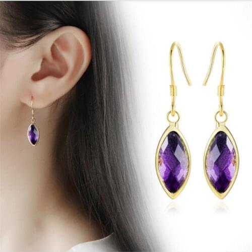 TJP Vintage Gold Female Crystal Purple Drop Earrings For Women Jewelry Fashion 925 Silver Earrings Long Accessories Girls Bijou