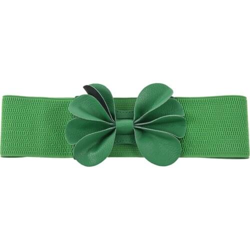 Green Faux Leather Flower 7.5cm Wide Elastic Cinch Belt for Woman