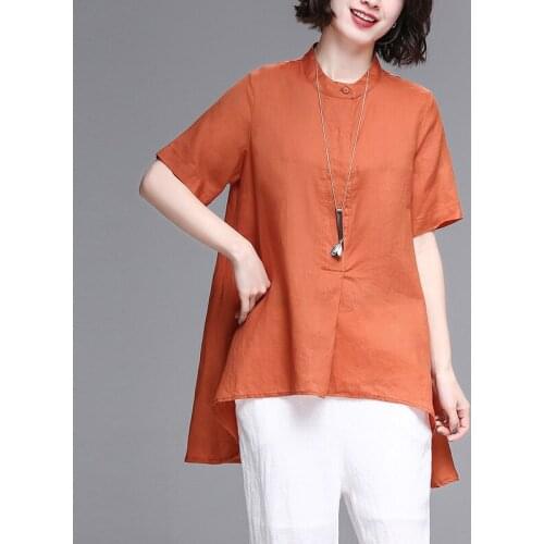 Cotton Linen Women Blouse 2020 Summer Vintage Solid Short-Sleeved Loose Irregular All Match Female Pulls Outwear Tops