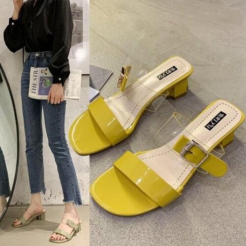 2021 Womens Fashion Slippers Wear All-match Medium Thick Heel One-line Drag Slippers Female Summer Flip Flop Flat Slide Shoes