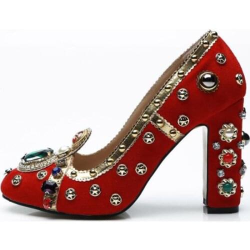 2019 Autumn Fashion Style Ladies gemstone crown pumps sequin stitching rhinestone thick heel shoes wedding and party shoes red