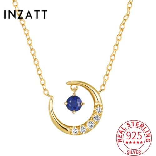 INZATT Real 925 Sterling Silver Blue Zircon Moon Pendant Choker 14k Gold Necklace For Women Bohemian Fine Jewelry Drop Shipping