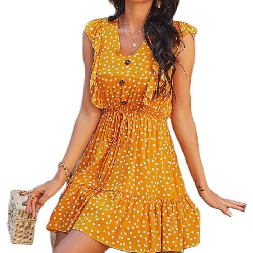 Summer New Womens Clothing 2021 Fashion Hot Sale Good Quality Factory Price Ruffled Sleeveless Button Polka Dot V-Neck Dress