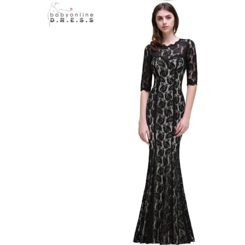 24 Hours Shipping Black Lace Mermaid Long Evening Dress Sexy Illusion Backless Evening Party Dress Half Sleevess Robe De Soiree