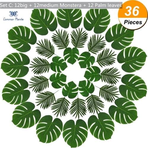 1 Set Monstera Plus Palm Leaves Hawaii Party 24PC/36PC/48PC Plastic Artificial Tropical Plant Leaves For Table Home Garden Decor