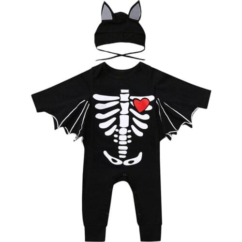 2021 Babies Halloween Clothes For Newborns Black Printed Pattern Batwing Sleeves Romper Cap Cotton Clothing Sets For 0-24M