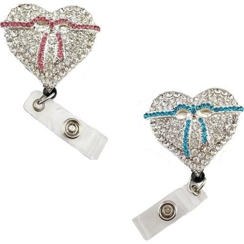 50/100pcs Rhinestone heart shape breast cancer awareness pink and blue ribbon Retractable id badge holder reel