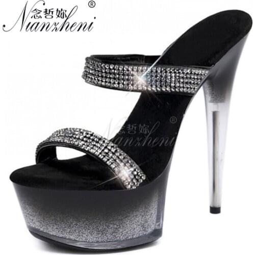 6 Inches Crystal Gradient Platform Hollow Rhinestone Womens Slippers Elegant 15CM Super High Stripper Heeled Pole Dance Shoes