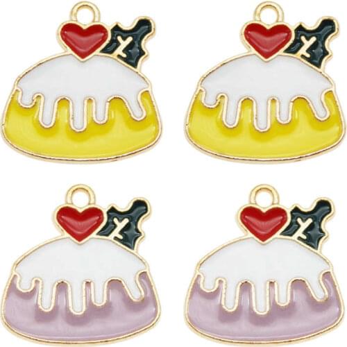 Julie Wang 6PCS Enamel Muffin Cake Charms Artificial Food Alloy Cream Cake Gold Tone Pendant Bracelet Jewelry Making Accessory