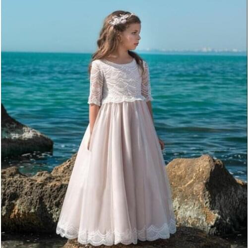 White Lace applique Half sleeve Flower Girl Dresses Lace For Wedding Party First Communion Gown