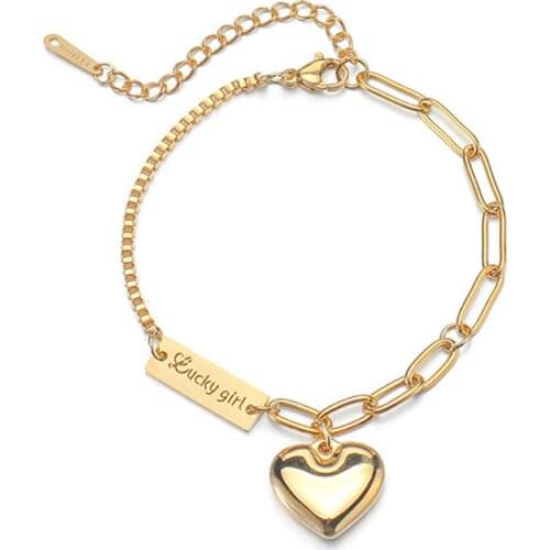 316L Stainless Steel Asymmetric Splicing Love Bracelet, Lucky Girl, Small Square Brand Pendant Necklace