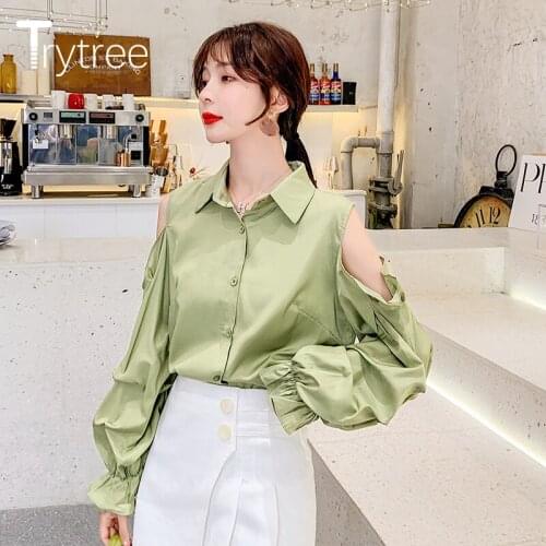 Trytree 2020 Spring Women Blouse Casual Turn-down Collar leak shoulder Single Breasted Flare Sleeve Solid Fashion Loose Blouse