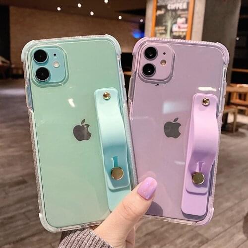 Soft Transparent Wrist Strap Shockproof Phone Case For iPhone 12 mini 11 Pro Max X XR XS 7 8 Plus SE 2020 Kickstand Cases Cover
