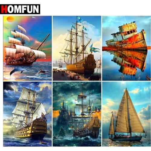 HOMFUN Rhinestone Painting Crystal Decor Diy Diamond Painting "Boat sea sky" 3D Cross Stitch Pattern Diamond Embroidery