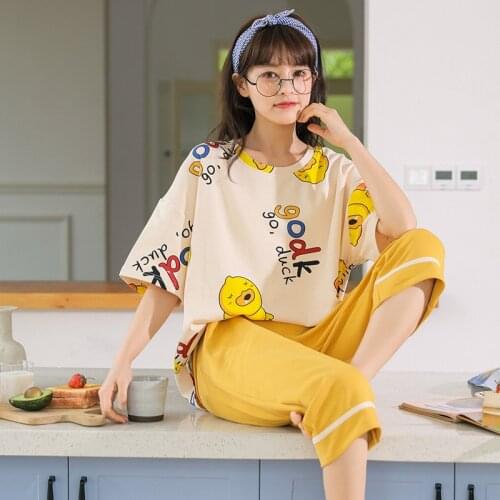 Summer Pajama Sets Short Sleeved Cartoon Sleepwear Womens Pajamas Lazy Wind Loungewear Loose Comfort Home Fashion Pijamas
