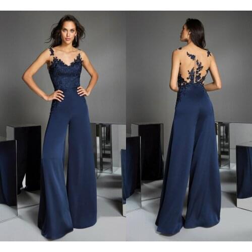 Navy Mother Of The Bride Pants Suit V Neck Lace Appliqued Women Jumpsuit Wedding Guest Dress Custom Made Formal Mother Gowns