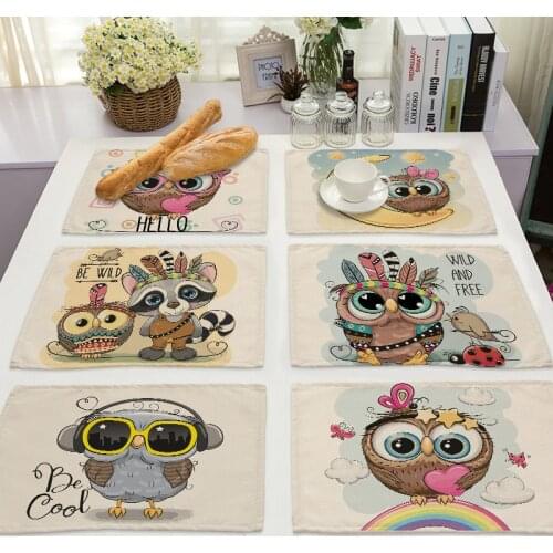1Pcs Kawaii owl Pattern Kitchen Placemat Cotton Linen Dining Table Mats Coaster Pad Bowl Cup Mat 42*32cm Home Decor ML0007