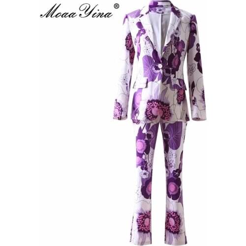 MoaaYina Fashion Designer Autumn Purple Flower Print Pants Set Womens Long sleeve Single Button Jackets and Pants 2 Piece Suit