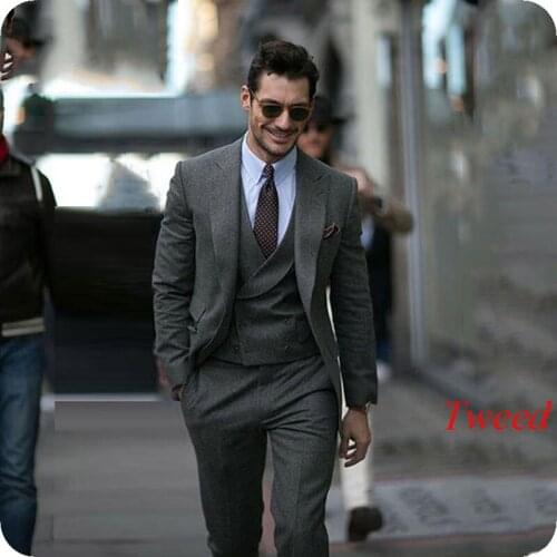 Tailored Made Dark Grey Tweed Men Suit Peak Lapel Double Breasted Slim Fit 3Piece Tuxedo Custom Groom Male Blazer Costume Homme