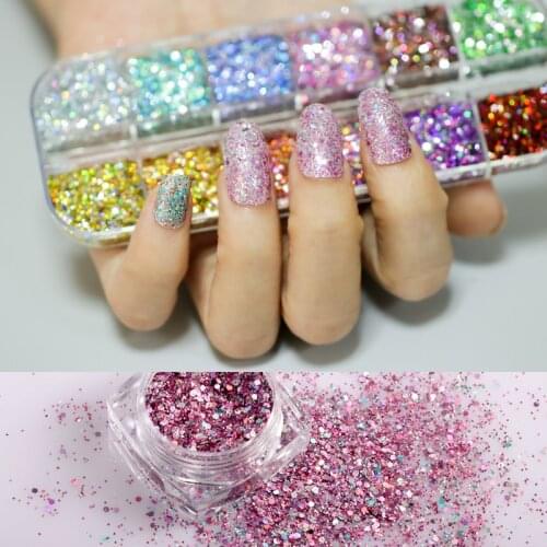 Mixed style 12 Color Nail Dust Sets Holo Dazzling Nail Glitter Sequins round mickey Flakes Manicure Decoration Nail Art Tip
