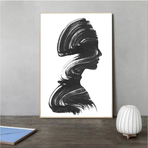 Wall Art Canvas Paintings Chinese Ink Abstract Figure Black and White Woman Portrait Poster HD For Living Room Home Unstretched