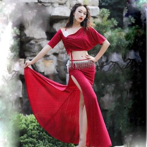 Belly Dance Clothing Female Adult Elegant Sequins Top Exercise Clothes Suit Womens Shirt Long Skirt Set Performance Costume