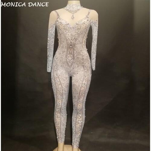 Sexy Big Crystals Mesh Jumpsuits Rhinestones Perspective Bodysuit Stage Dance Wear Womens Evening Celebrate Stretch Costume