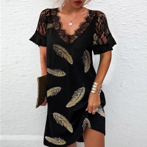 Casual Short Sleeve Summer Tee Dress Sexy V Neck See-Through Lace Party Dress Autumn Elegant Feather Print Women Slim Dress 2021