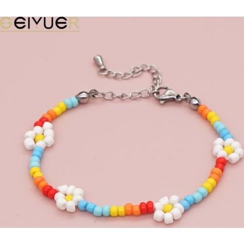 Simple Daisy Flower Necklace and Bracelet for Women Rainbow Bead Summer Jewelry Boho Handmade 2021 New Stainless Steel Chain