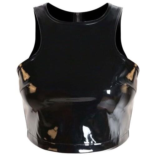 Pvc mini erotic tanks Top Lady Sexy Black Zipper PVC Leather Latex top Sleeveless sexy Clubwear w6187
