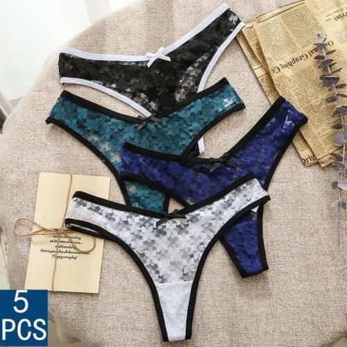 5PCS/Set Womens Thong Low-Waist Panties Lace Intimates Lingerie Solid Color Underpants G-string Underwear Comfortable Sexy Pant