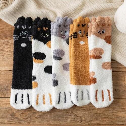 Thicken Terry Socks Women Embroidery Cat Claw Winter Thick Warm Socks Girls Coral Fleece Velvet Socks Home Floor Calcetine